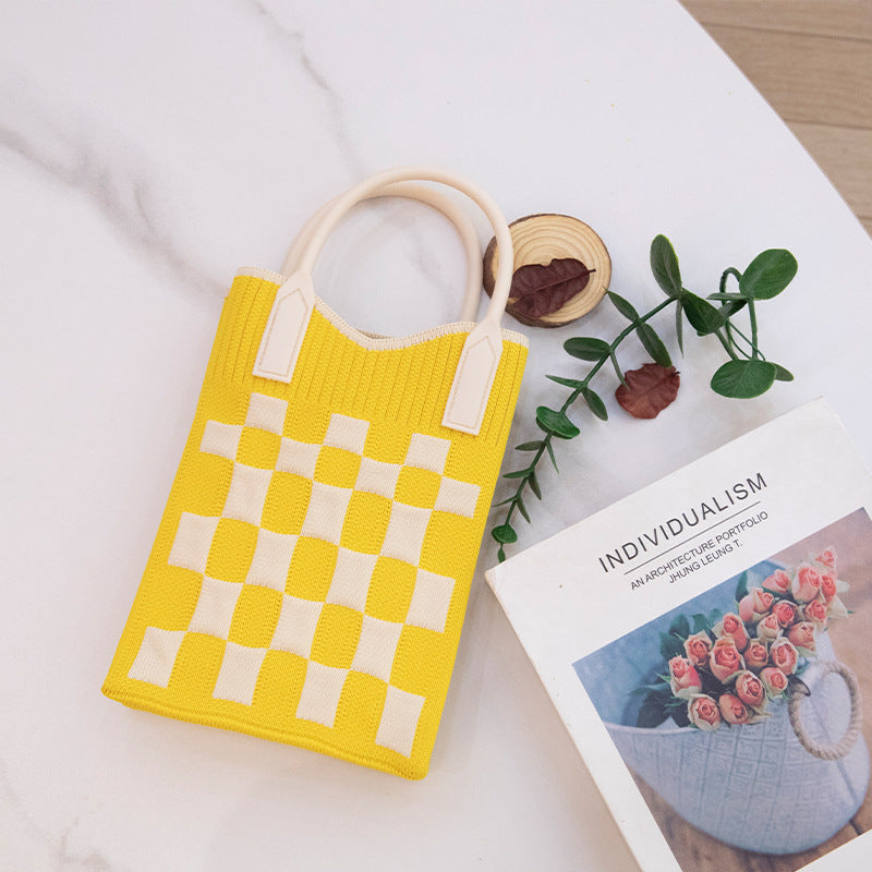 Portable Small Cloth Bag Cross-Border New Arrival Fashion Plaid Knitted Tote Bag Versatile Leisure Phone Bag Women's Shoulder Bag