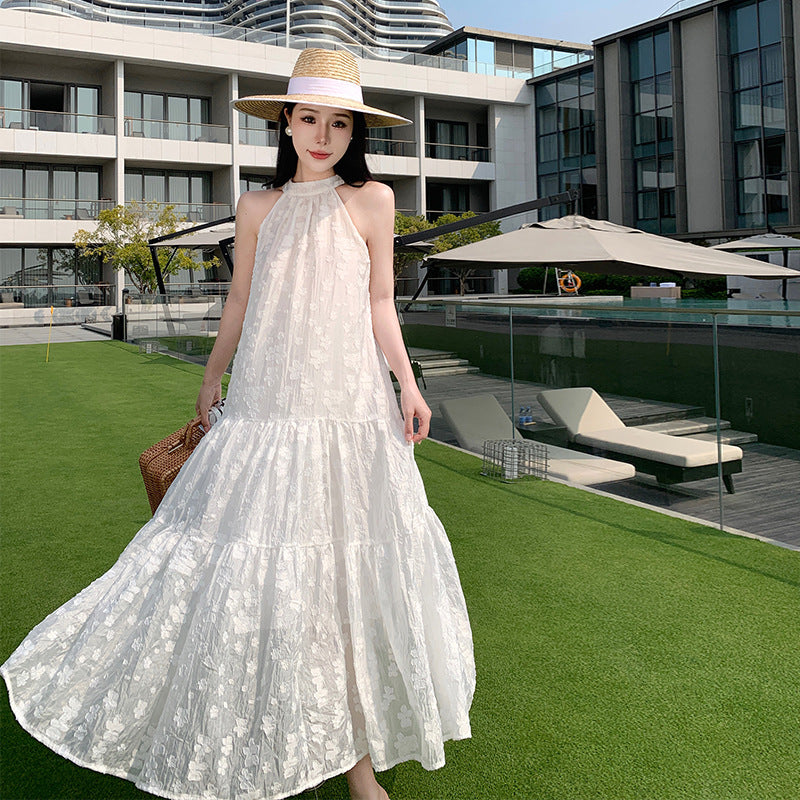 2025 retro neck dress women's summer high-end sleeveless vest skirt sexy off-the-shoulder seaside vacation dress