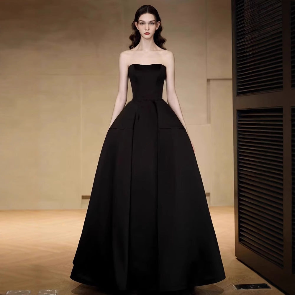 2025 Black tube top evening dress women's  new high-end light luxury niche high-end banquet host temperament dress