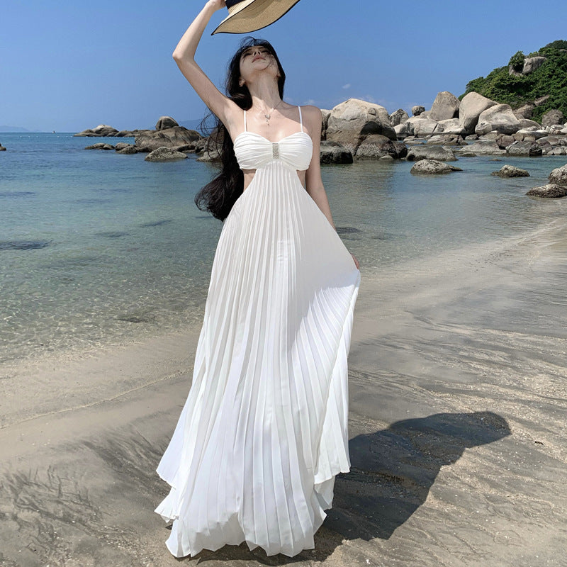 2025 Venus Pleated Diamond Hollow Suspender Fairy Skirt Party Night Banquet Dress Holiday Pleated Beach Skirt