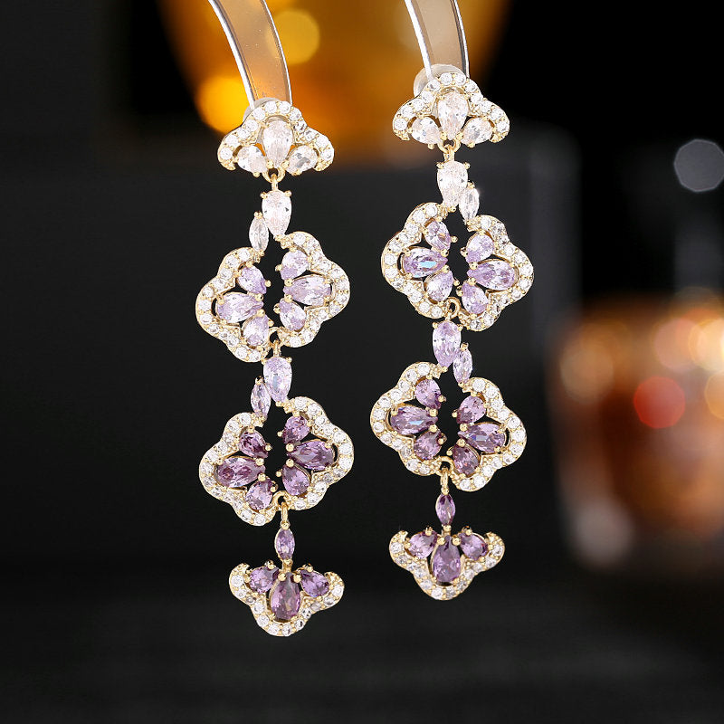 2025 elegant temperament earrings s925 silver needle romantic light luxury super flash zircon earrings hollow long petal earrings