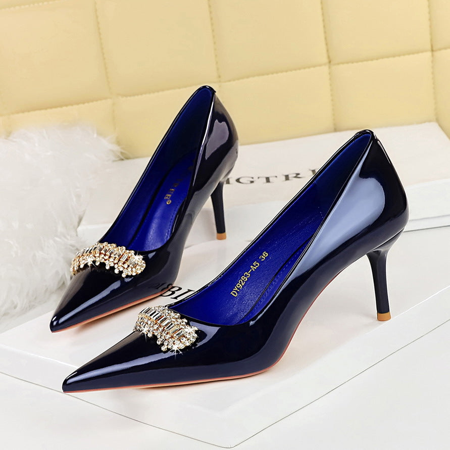 2025 9283-AK31  style light luxury women's shoes thin heel high heel shallow mouth pointed patent leather metal rhinestone decorative single shoes
