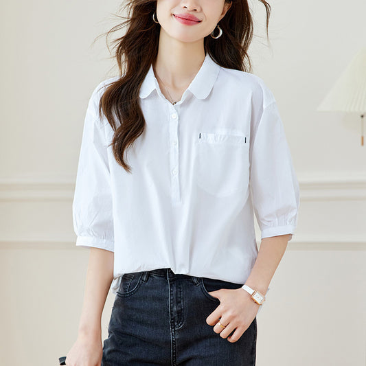 Cotton cocoon, Hong Kong style retro shirt women's  summer new solid color design sense niche temperament versatile basic model