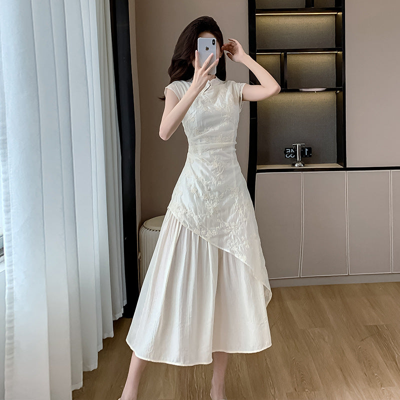 2025 New Chinese embroidered stand-up collar dress for women's summer new waist irregular Chinese style improved long skirt