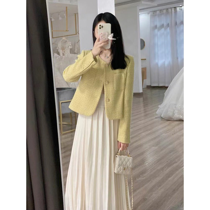 Fragrance 2025 Spring Clothing New Loose Celebrity Temperament Cardigan Small Jacket High Waist Pleated Skirt Two-piece Set Women