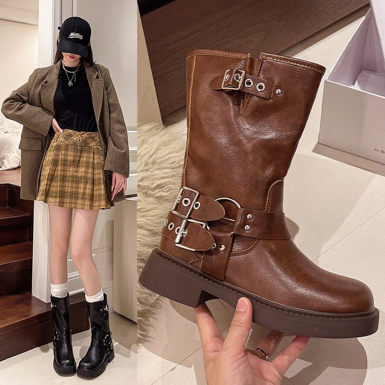 2025  Korean mid-tube boots women's popular new brown round head pleated mid-tube Martin boots