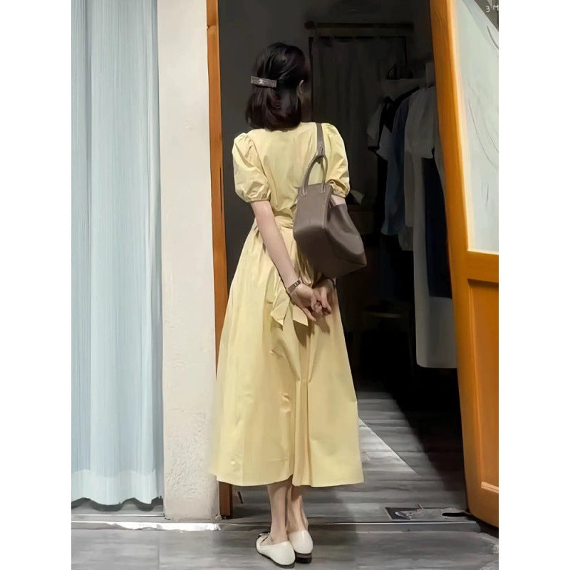 2025 new super good-looking high-end exquisite niche design coffee break  temperament yellow dress children summer