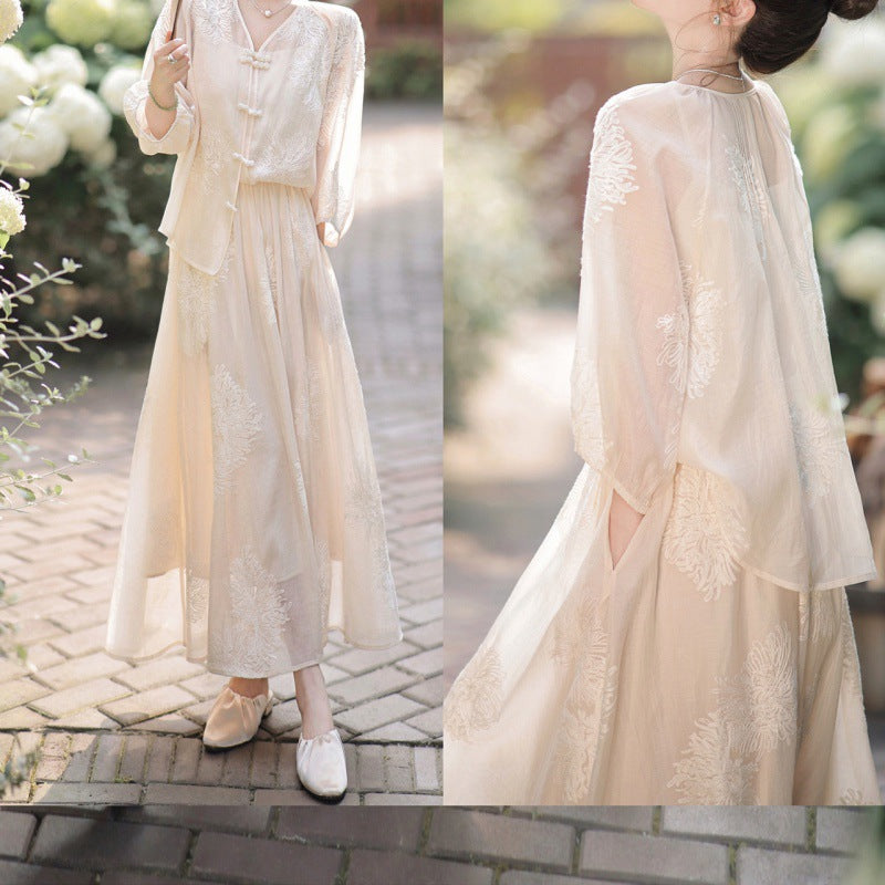 2025 Off-white new Chinese two-piece suit women's spring and summer national style top printed skirt wide-leg long skirt suit women