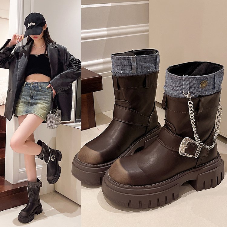 2025  Short boots women's Korean version of British style retro Martin boots women's medium heel short boots Maillard brown boots