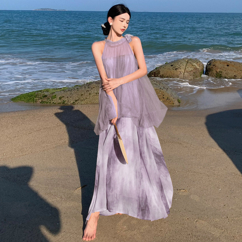 2025 New Chinese style temperament fairy vacation beach dress mesh stitching tie-dye fake two-piece neck dress summer
