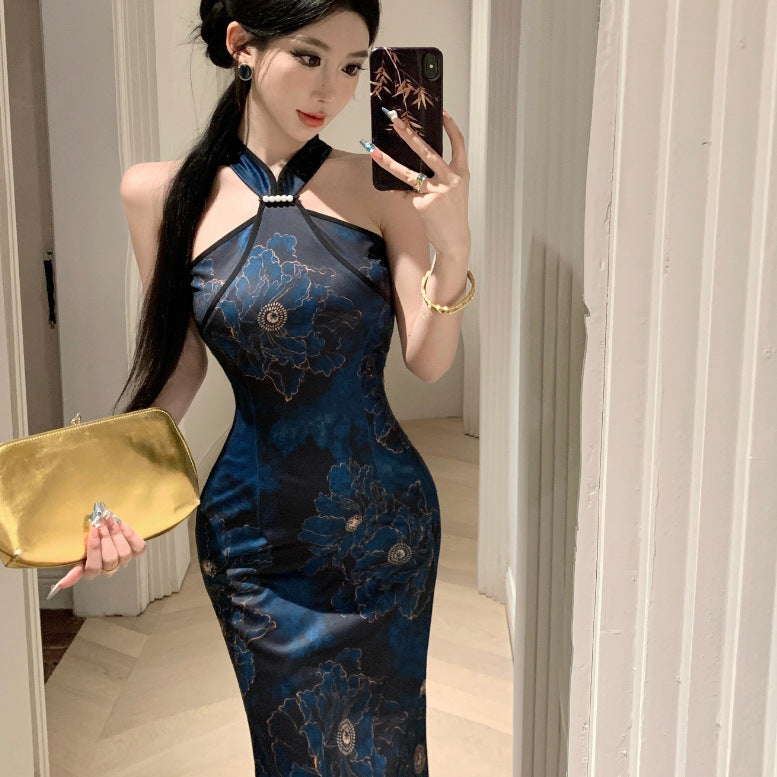 2025 Celebrity women's clothing  summer new fashionable and sexy off-the-shoulder Chinese-style improved cheongsam slim and thin neck dress