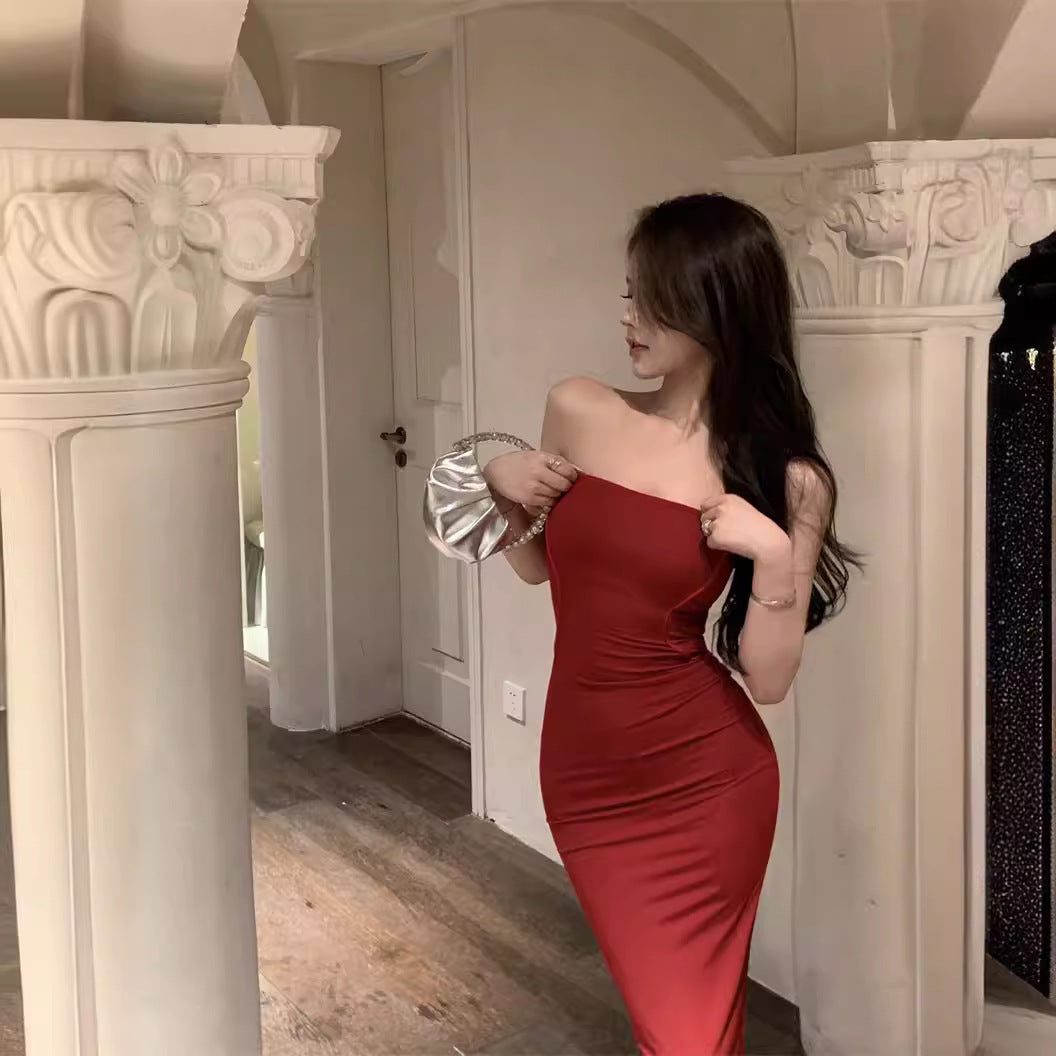 2025 Retro  tube top dress women's summer new seaside vacation sexy spice girl royal sister style slim hip skirt