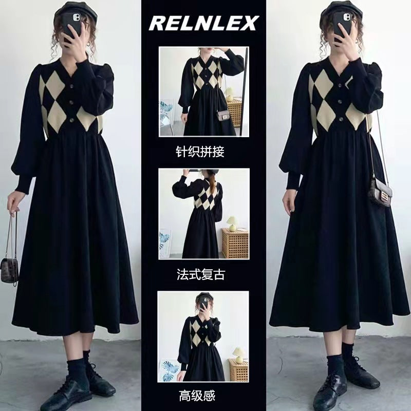 2025 Black v-neck fragrant knitted long-sleeved dress for women's spring and autumn new  waist and thin temperament long dress