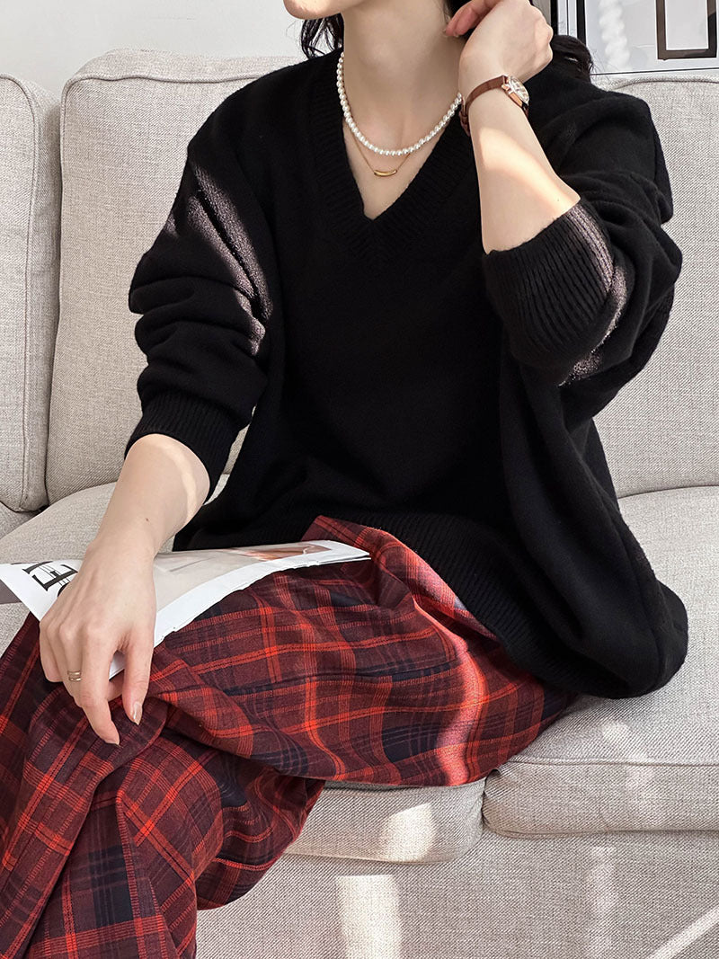 2025 popular autumn new knitted sweater top women's Korean V-neck loose soft waxy comfortable solid color sweater 7032