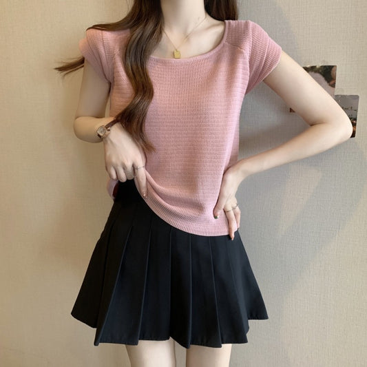 2025 Large size women's clothing new design sense sweet and spicy dew collarbone flying sleeves short sleeves ice silk knitted sweater top women's clothing