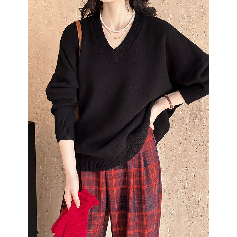 2025 popular autumn new knitted sweater top women's Korean V-neck loose soft waxy comfortable solid color sweater 7032