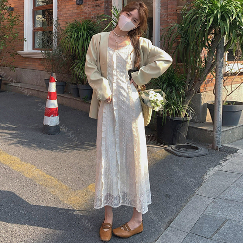 2025 spring new lace embroidered white suspender dress waist temperament gentle wind inside long dress women
