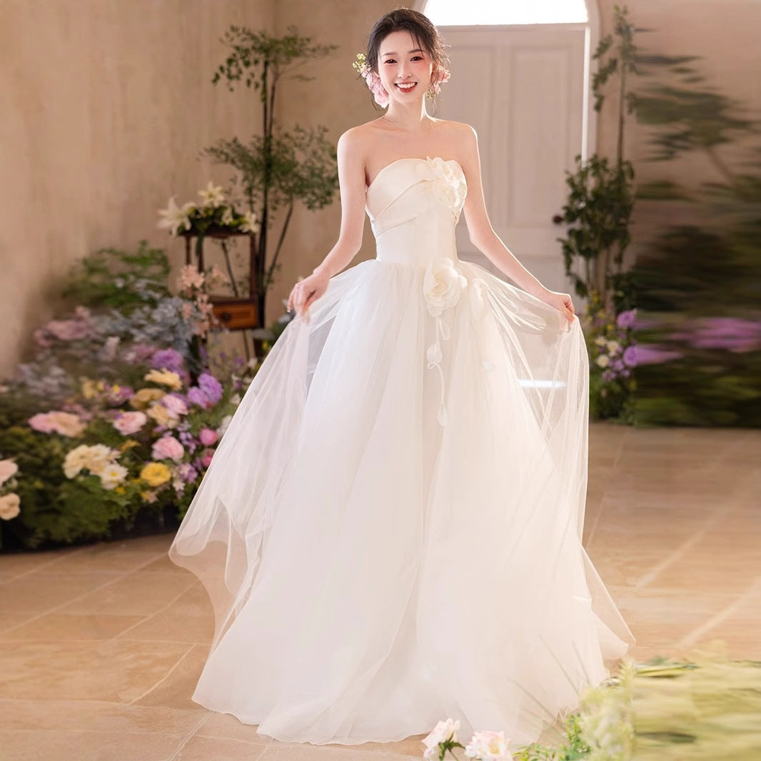 2025 new light wedding dress white tube top dress bride wedding engagement certificate mesh dress dress