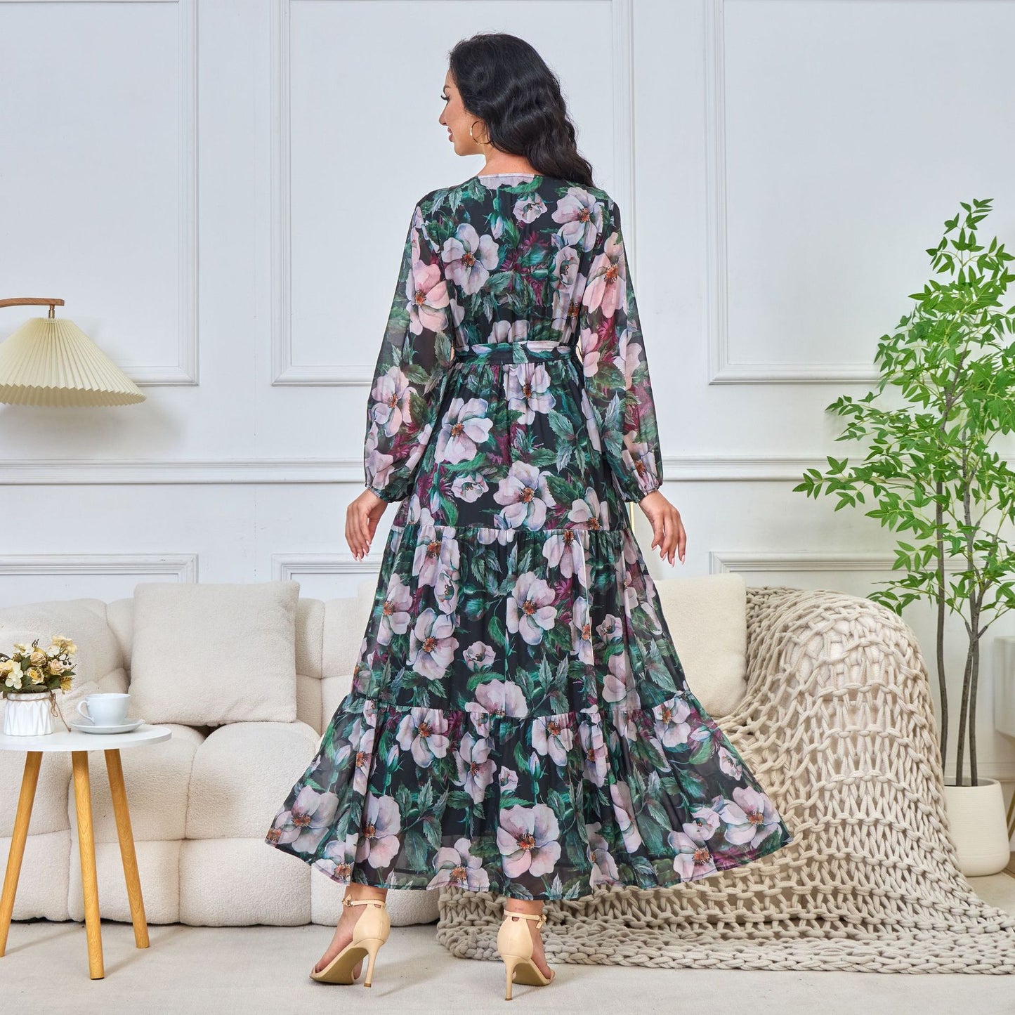 MT202 Middle East summer new Muslim women's clothing printing elegant fashion loose waist big swing dress ins