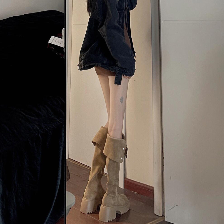2025 Small inner height increase over the knee boots Children's Maillard autumn and winter new thick-soled two-wear folding boots
