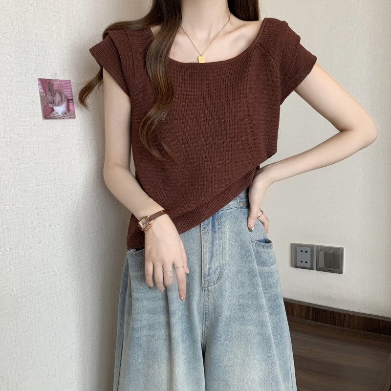 2025 Large size women's clothing new design sense sweet and spicy dew collarbone flying sleeves short sleeves ice silk knitted sweater top women's clothing