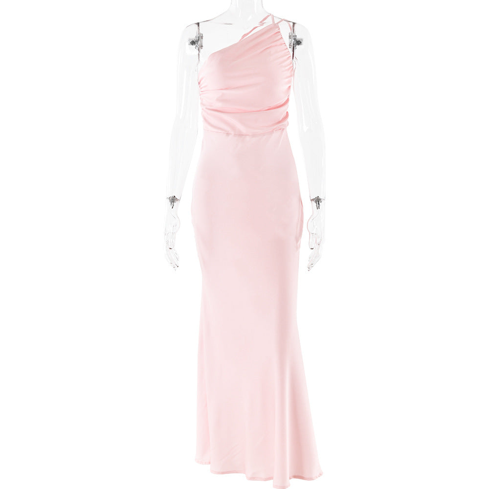 2025 ins New new dress single shoulder pleated backless sleeveless dress sexy fashion slim dress