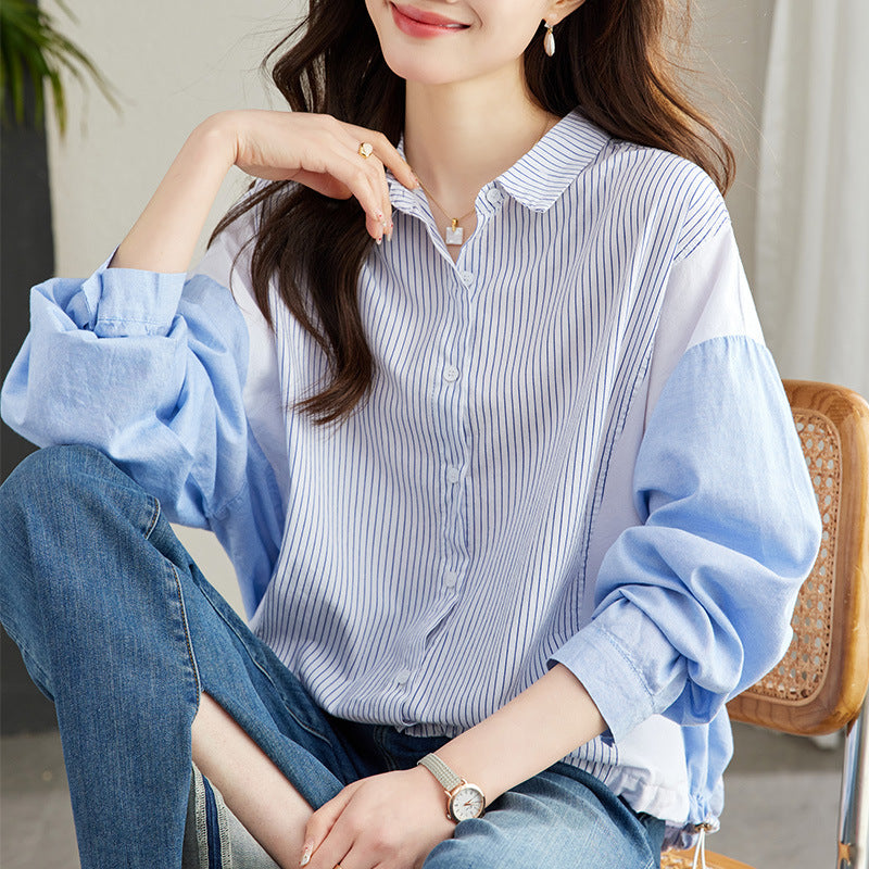 direct sales pure cotton long-sleeved shirt women's splicing vertical strip shirt women's commuter Korean version loose and chic striped top