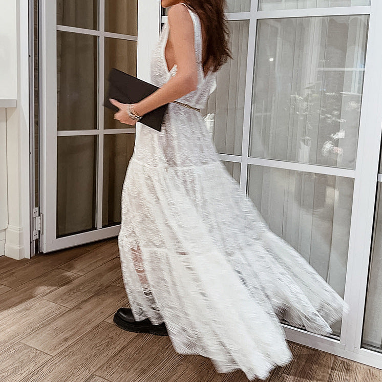 2025 Summer new lace jacquard V-neck shoulder strap dress popular  New sleeveless long dress women's clothing