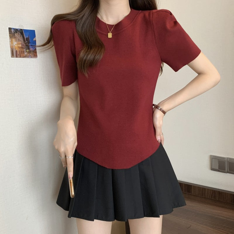 2025 Large size women's clothing Spice Girls short-sleeved short front shoulder knitted sweater women's unique and chic clothes design sense niche
