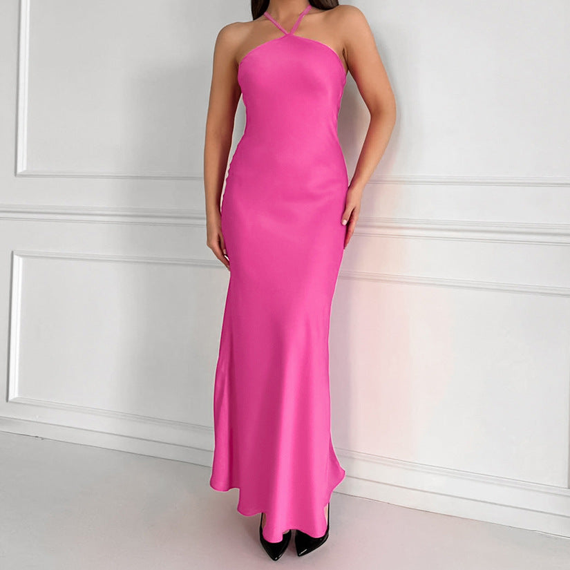 2025 Sexy sleeveless neck high waist satin dress small dress fishtail dress popular  fashion new long dress women