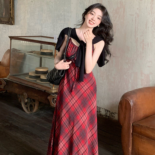 2025 spring new Korean version high waist suspender dress plaid pure desire vacation skirt women 88188