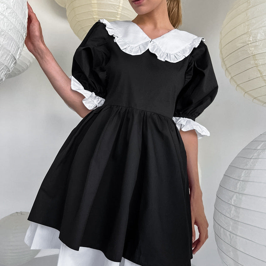 2025 Fashion temperament contrasting colors loose V-neck bubble sleeves five-quarter sleeves mid-waist tutu skirt versatile summer dress women