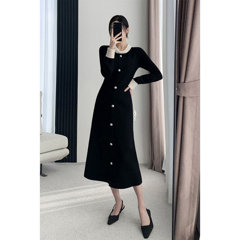 2025 With coat long sweater skirt temperament socialite  Hepburn style black backing knitted dress women's autumn and winter