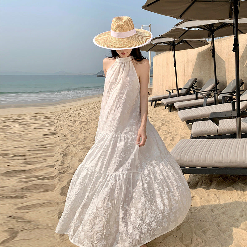 2025 retro neck dress women's summer high-end sleeveless vest skirt sexy off-the-shoulder seaside vacation dress