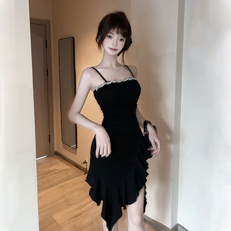 Red socialite women's clothing 2025 new  temperament sexy suspender dress small irregular tube top skirt
