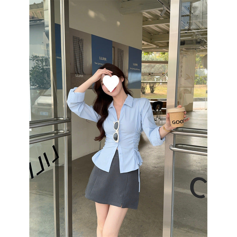 Hong Kong Style Walk 2025 Spring New Korean Temperament Lapel Waist Shirt High Waist Short Skirt Set