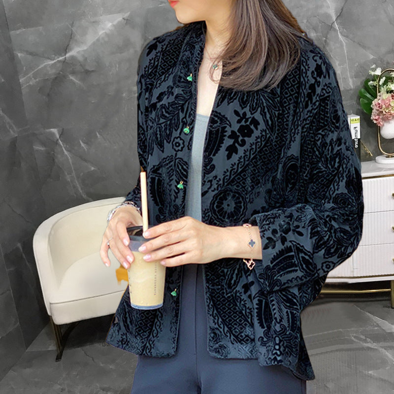 2025 Heavy industry jacquard, silk velvet, new Chinese shirt, stand-up collar cardigan  summer, top and coat women's clothing