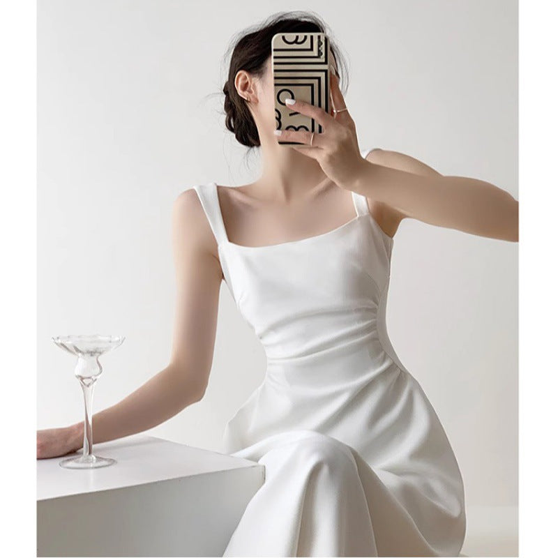 2025 Hong Kong style retro red square neck suspender dress temperament waist birthday party toast dress engagement A dress