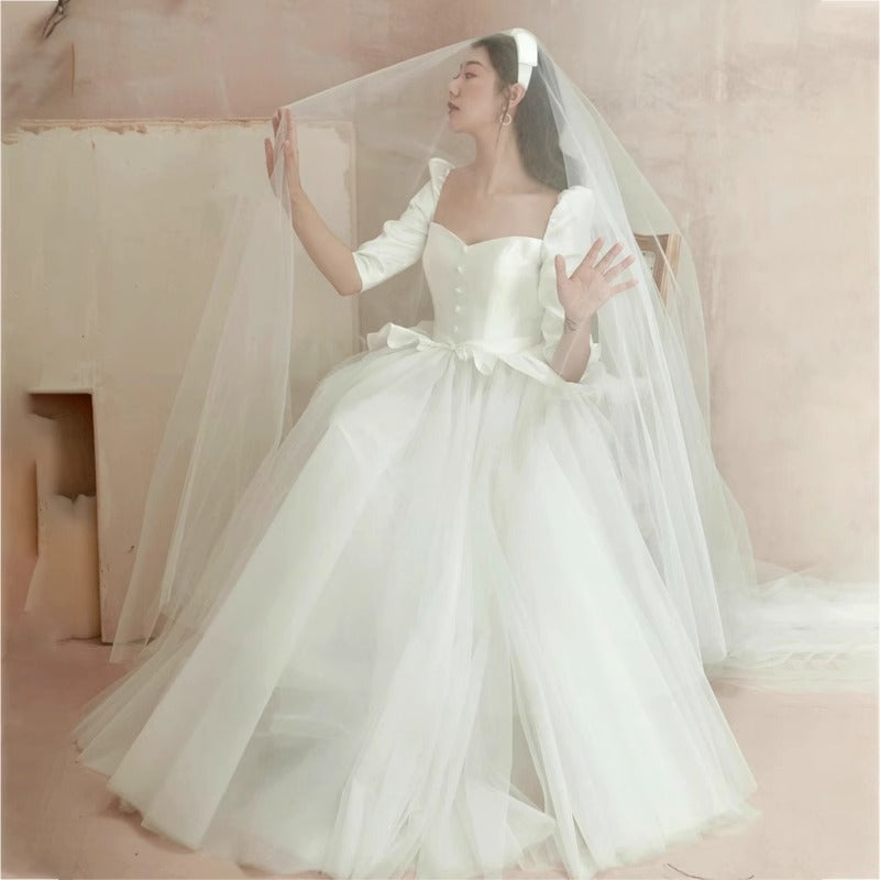 2025 white light wedding dress  new bride simple temperament small man going out yarn women's banquet evening dress