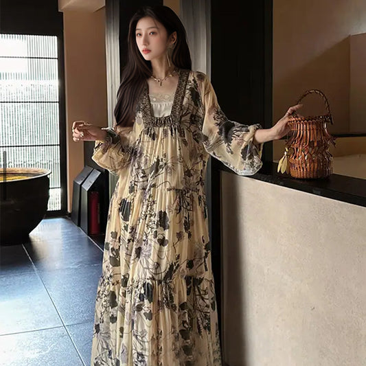 National Style New Chinese Fashion Lantern Sleeve Square Neck Long Dress Spring and Summer 2025 New Heavy Industry Burning Dress N3052
