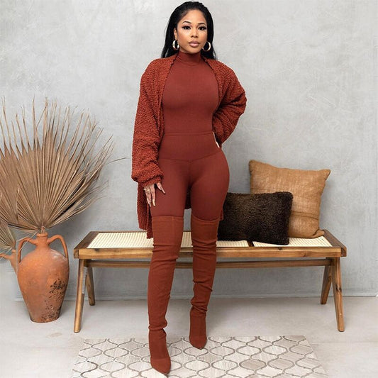 BENPAOLV 2025 women's clothing  autumn and winter new tight turtleneck long-sleeved top trousers two-piece set street casual suit women