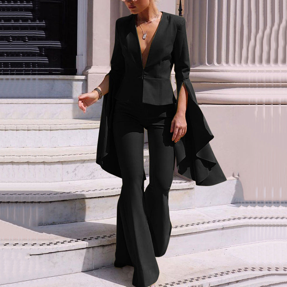 New Muse Fan Temperament Fashion Blazer Top High Waist Swing Flared Pants Two-piece Women's