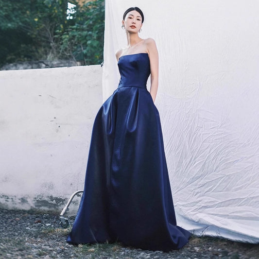 2025 Tube top  toast temperament high-end bridal wedding robe dress blue bar mitzvah host dress