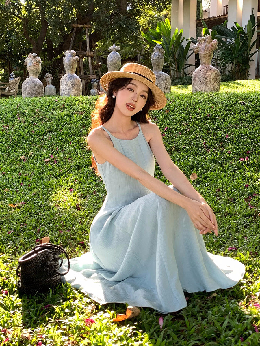 2025 spring new Korean version high waist elegant suspender dress round neck solid color pure desire skirt 88232