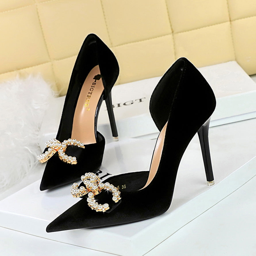 2025 1363-AK79 banquet women's shoes high heel suede shallow mouth pointed side hollow rhinestone buckle pearl bow single shoes