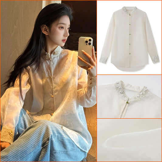 New Chinese heavy industry embroidery three-dimensional decorative thin shirt national style stand-up collar design mulberry silk top women's N1004