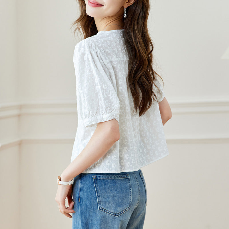 Cotton cocoon, new Chinese style craft embroidered button-up shirt women's commuter short thin and sweet top