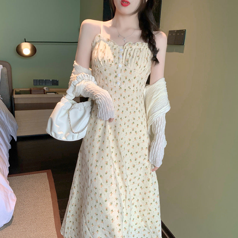 2025 summer new gentle wind  coffee break beautiful floral suspender dress two-piece suit women's spring dress