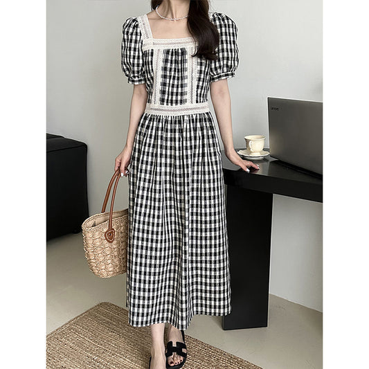 2025 [60% off for summer clearance] Summer Korean  temperament bubble sleeve plaid dress square collar retro and sweet