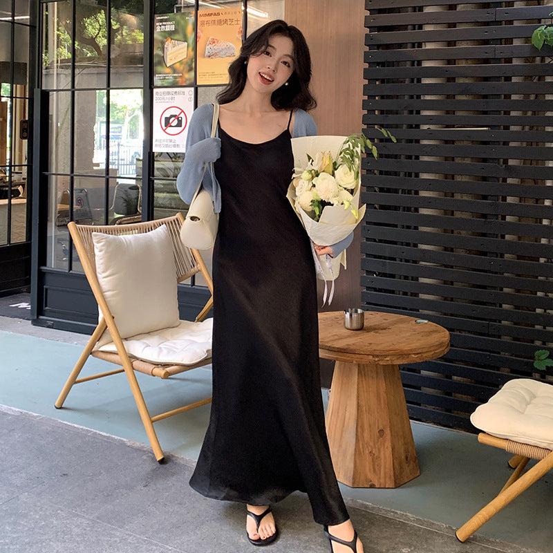 2025 spring new Korean version high waist elegant suspender dress V neck solid color pure desire skirt 88172